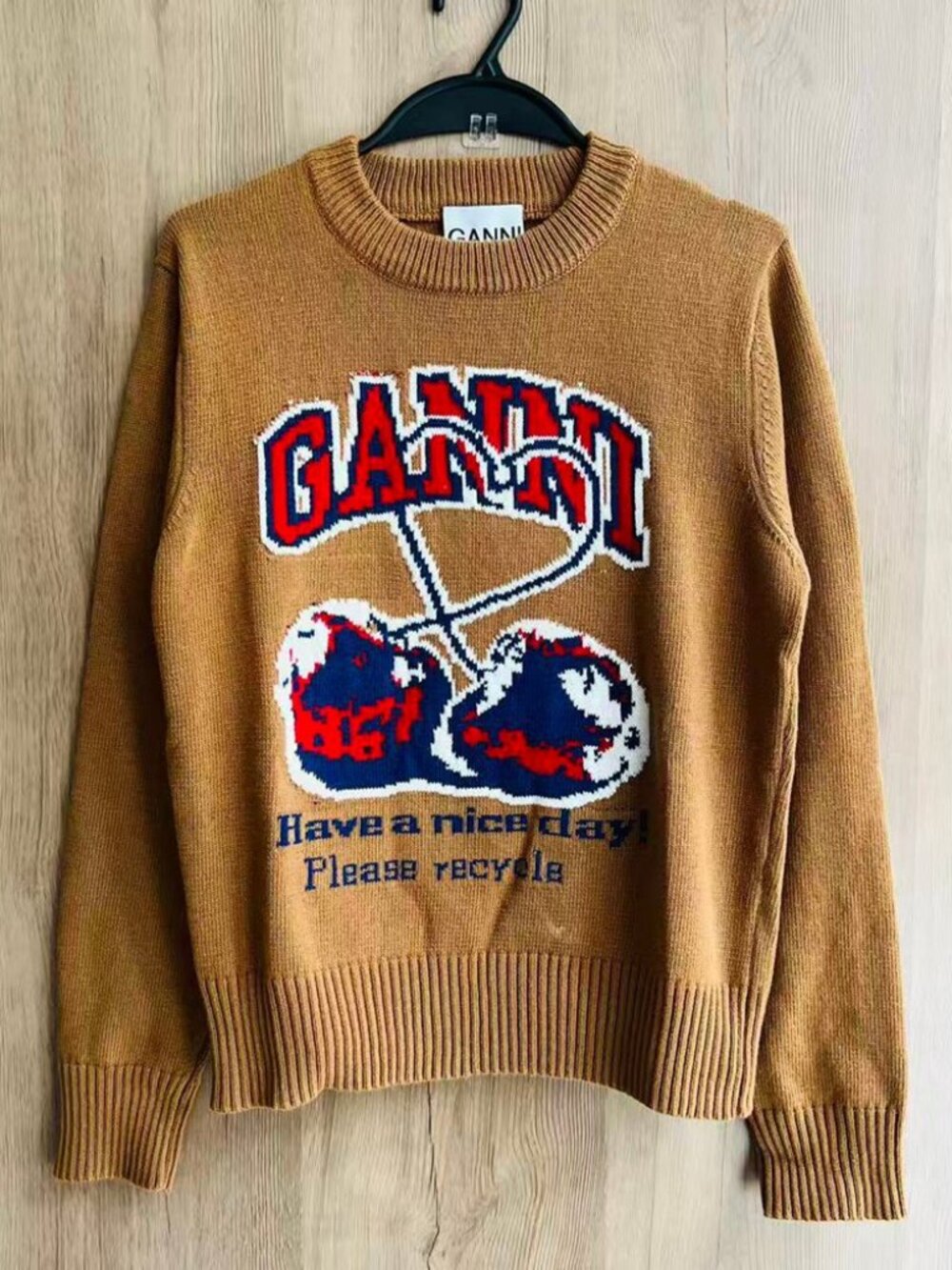GANNI Cherry Graphic Crewneck Knit Sweater